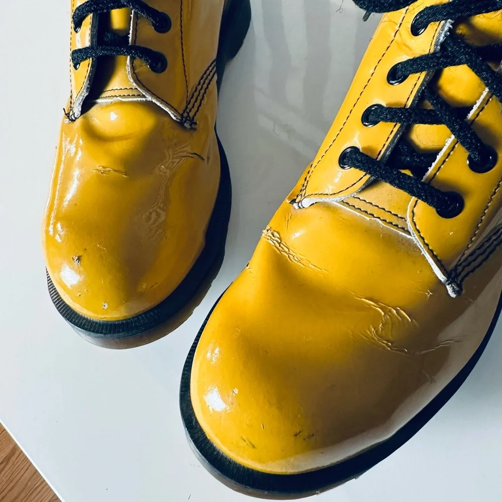 Dr. Martens RARE Vintage Patent Leather YELLOW Steel Toe Boots - Made in England